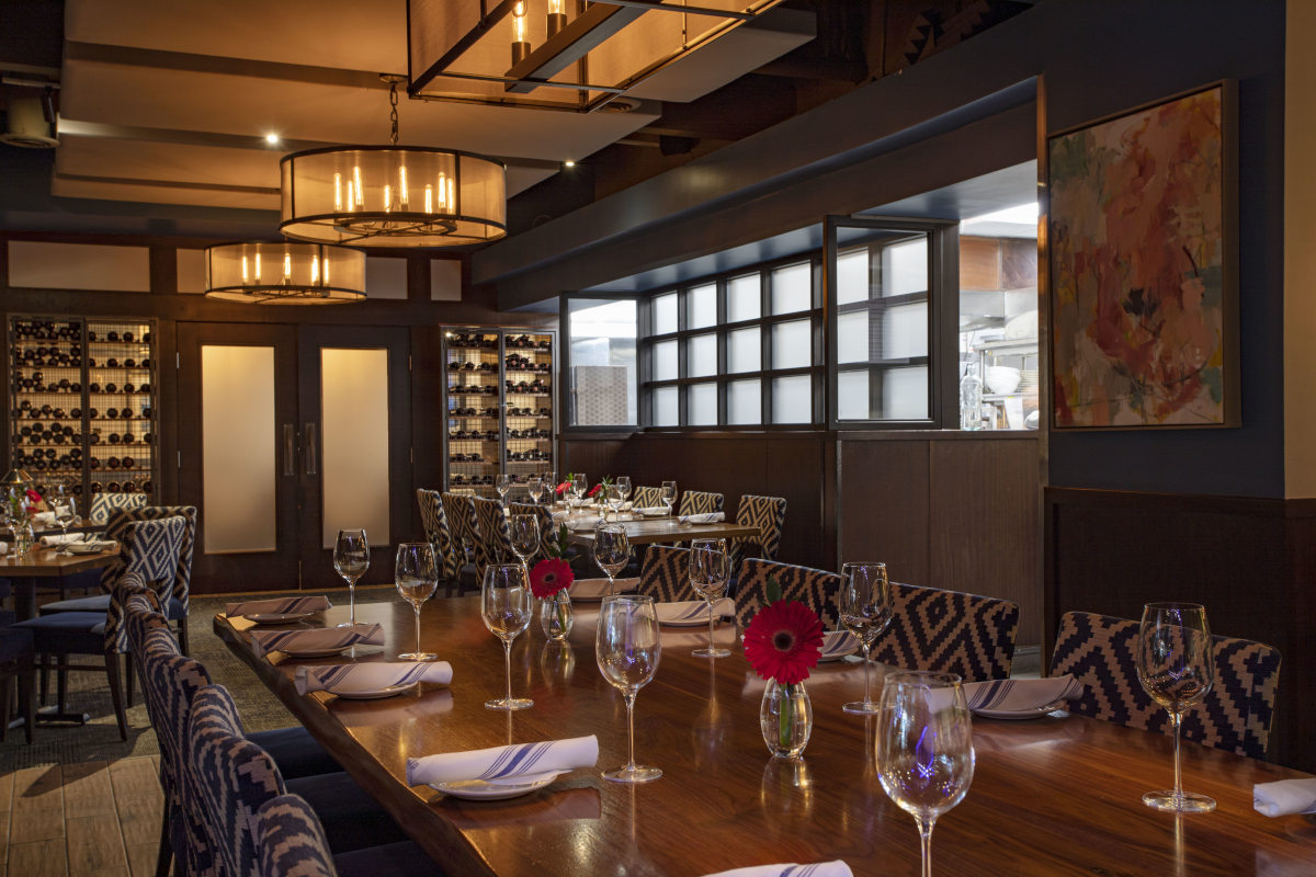 Interior, set tables, red flowers